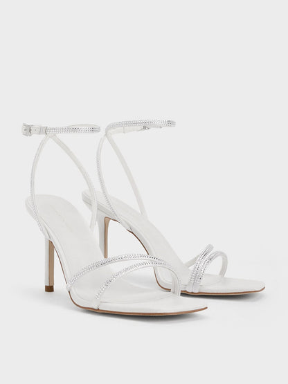 CHARLES & KEITH New | Satin Crystal Stiletto Sandals - White