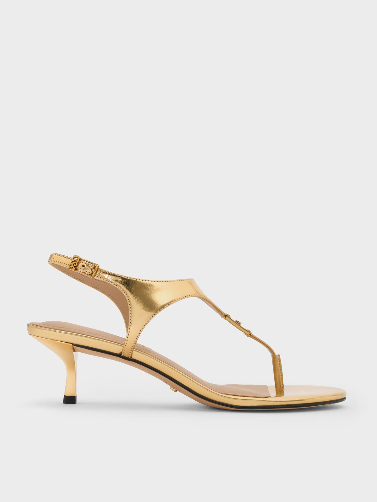 CHARLES & KEITH Hot Sale | Metallic Leather Thong Kitten Heels - Gold