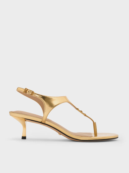 CHARLES & KEITH Hot Sale | Metallic Leather Thong Kitten Heels - Gold
