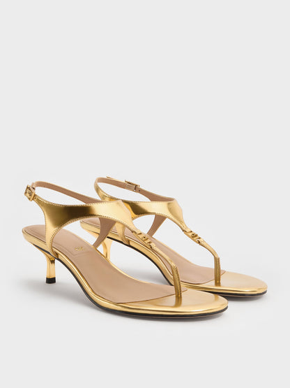 CHARLES & KEITH Hot Sale | Metallic Leather Thong Kitten Heels - Gold