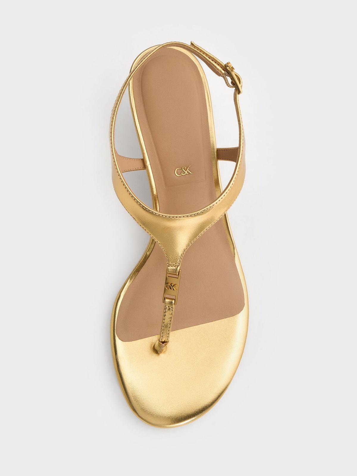 CHARLES & KEITH Hot Sale | Metallic Leather Thong Kitten Heels - Gold