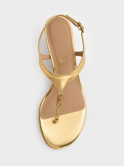 CHARLES & KEITH Hot Sale | Metallic Leather Thong Kitten Heels - Gold