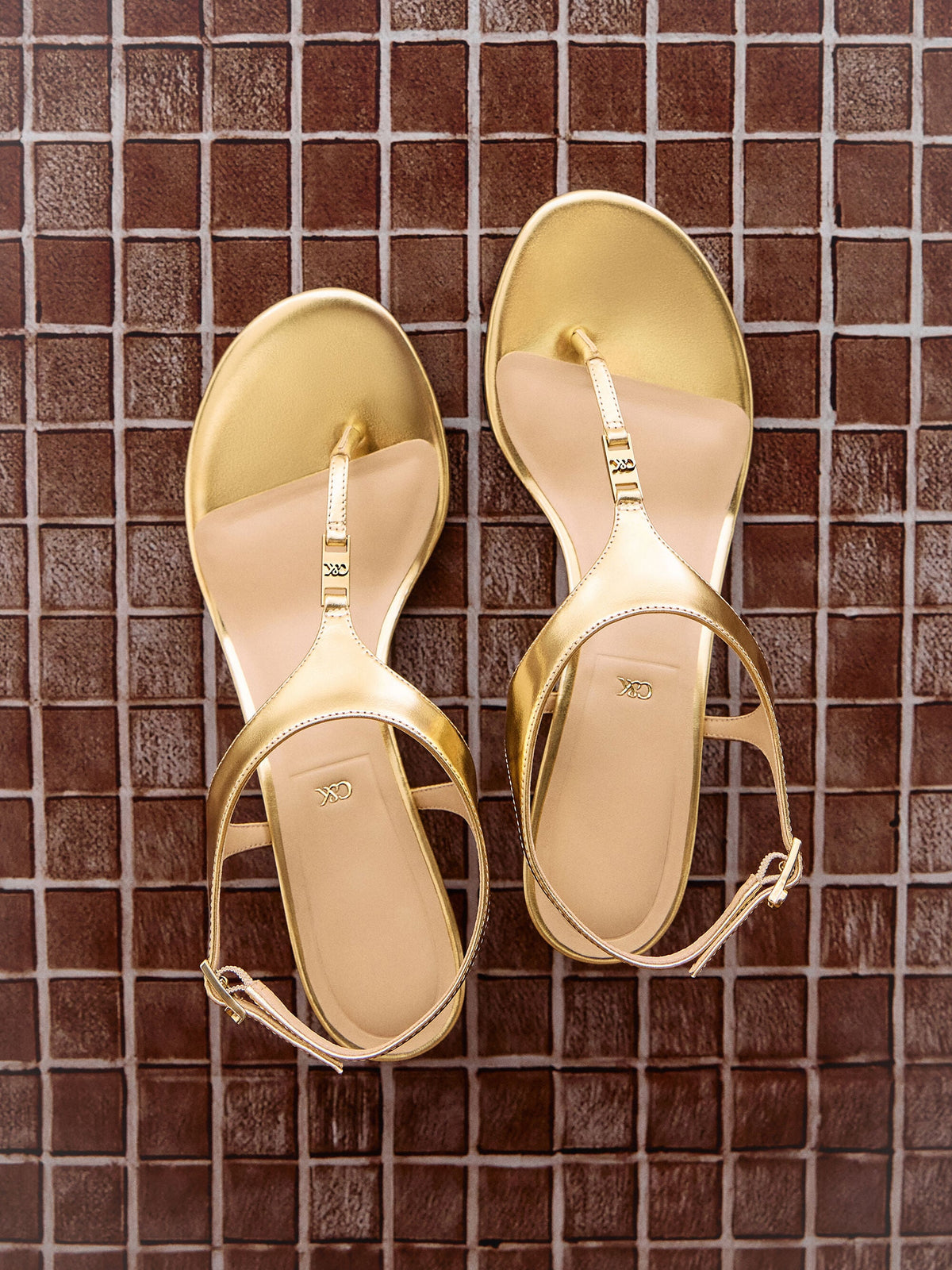 CHARLES & KEITH Hot Sale | Metallic Leather Thong Kitten Heels - Gold