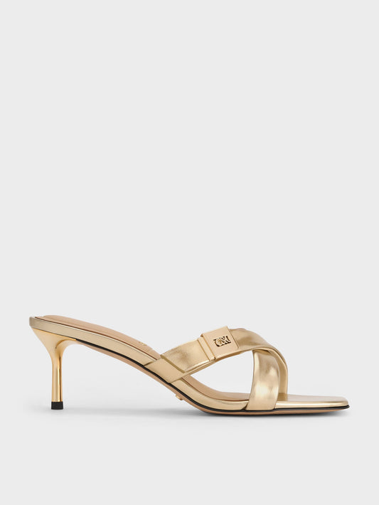 CHARLES & KEITH New | Cody Metallic Leather Crossover Heeled Mules - Gold