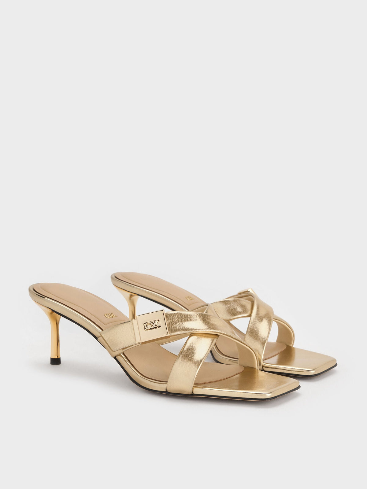 CHARLES & KEITH New | Cody Metallic Leather Crossover Heeled Mules - Gold