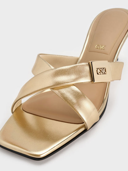 CHARLES & KEITH New | Cody Metallic Leather Crossover Heeled Mules - Gold