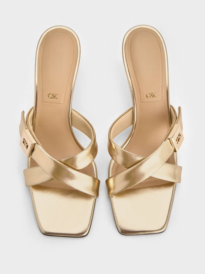 CHARLES & KEITH New | Cody Metallic Leather Crossover Heeled Mules - Gold