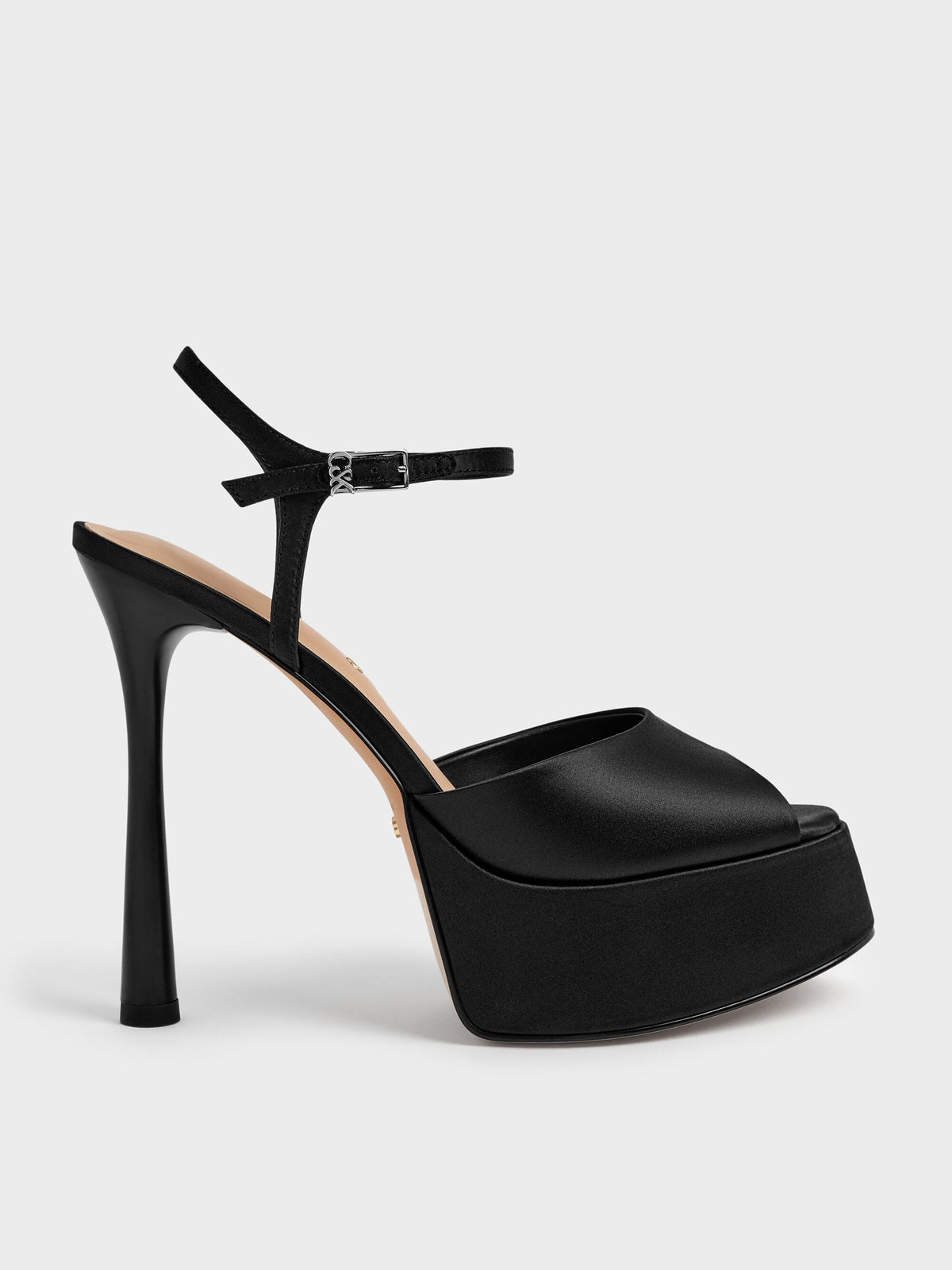 CHARLES & KEITH Trusted | Francesca Peep-Toe Platform Heels - Black Textured
