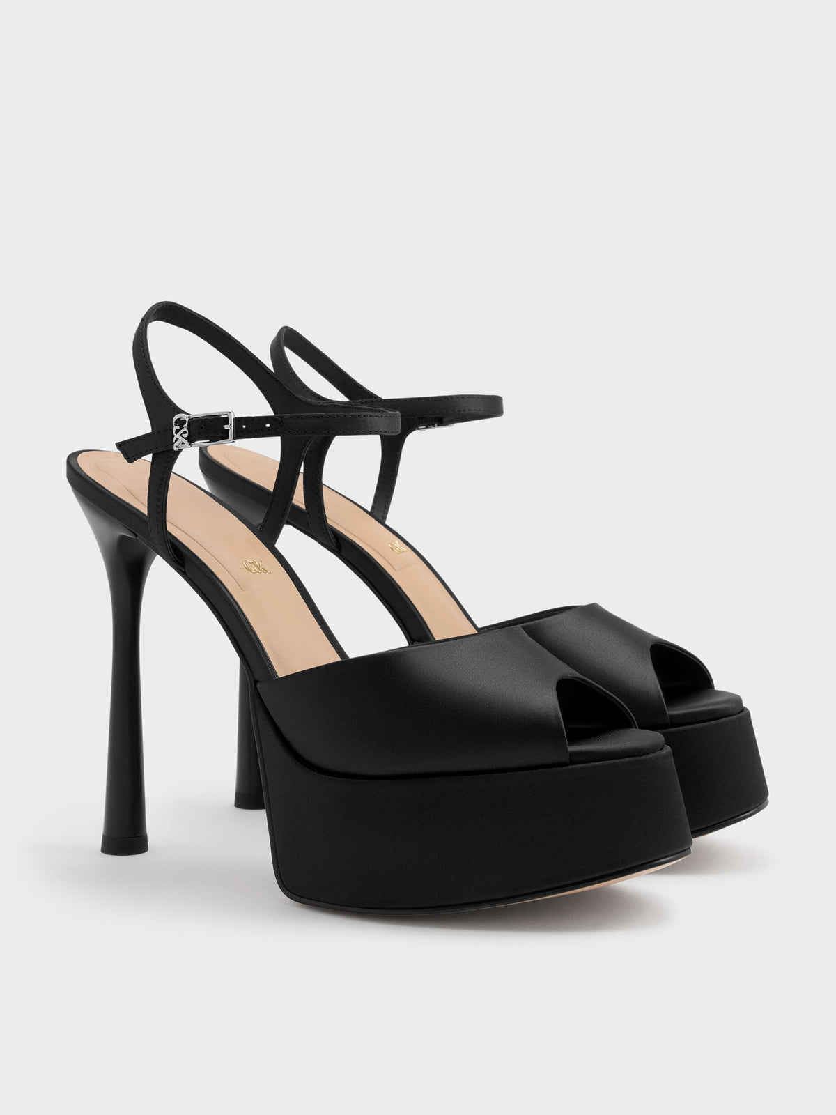 CHARLES & KEITH Trusted | Francesca Peep-Toe Platform Heels - Black Textured