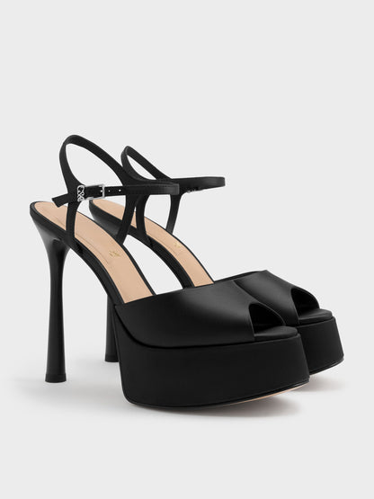 CHARLES & KEITH Trusted | Francesca Peep-Toe Platform Heels - Black Textured