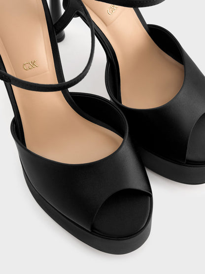 CHARLES & KEITH Trusted | Francesca Peep-Toe Platform Heels - Black Textured