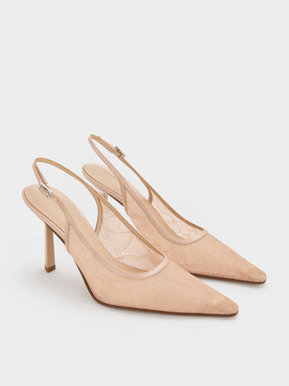 CHARLES & KEITH Trusted | Lace & Satin Slingback Pumps - Nude