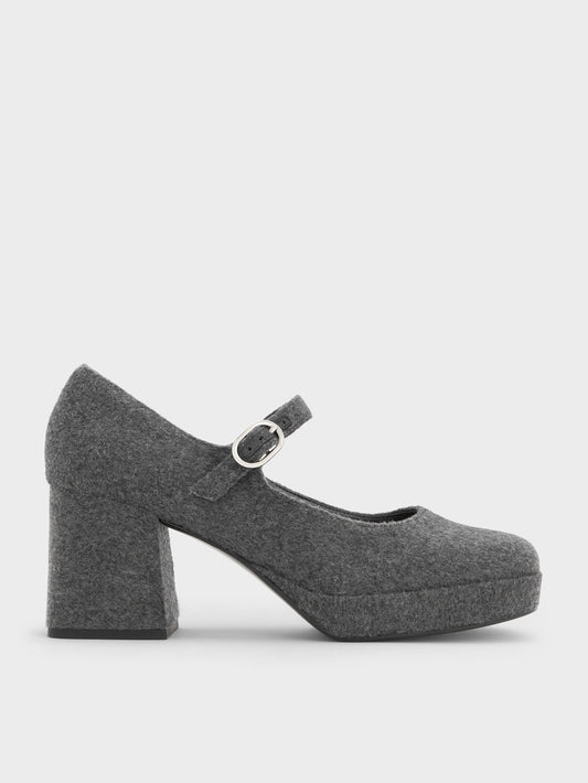 CHARLES & KEITH Recommended | Felt Platform Mary Jane Pumps - Grey