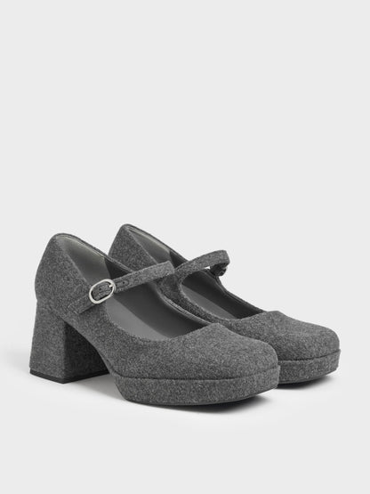 CHARLES & KEITH Recommended | Felt Platform Mary Jane Pumps - Grey