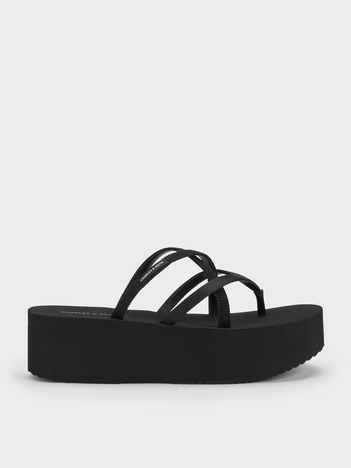 CHARLES & KEITH Exclusive | Levy Satin Strappy Flatform Sandals - Black Textured