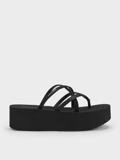 CHARLES & KEITH Exclusive | Levy Satin Strappy Flatform Sandals - Black Textured