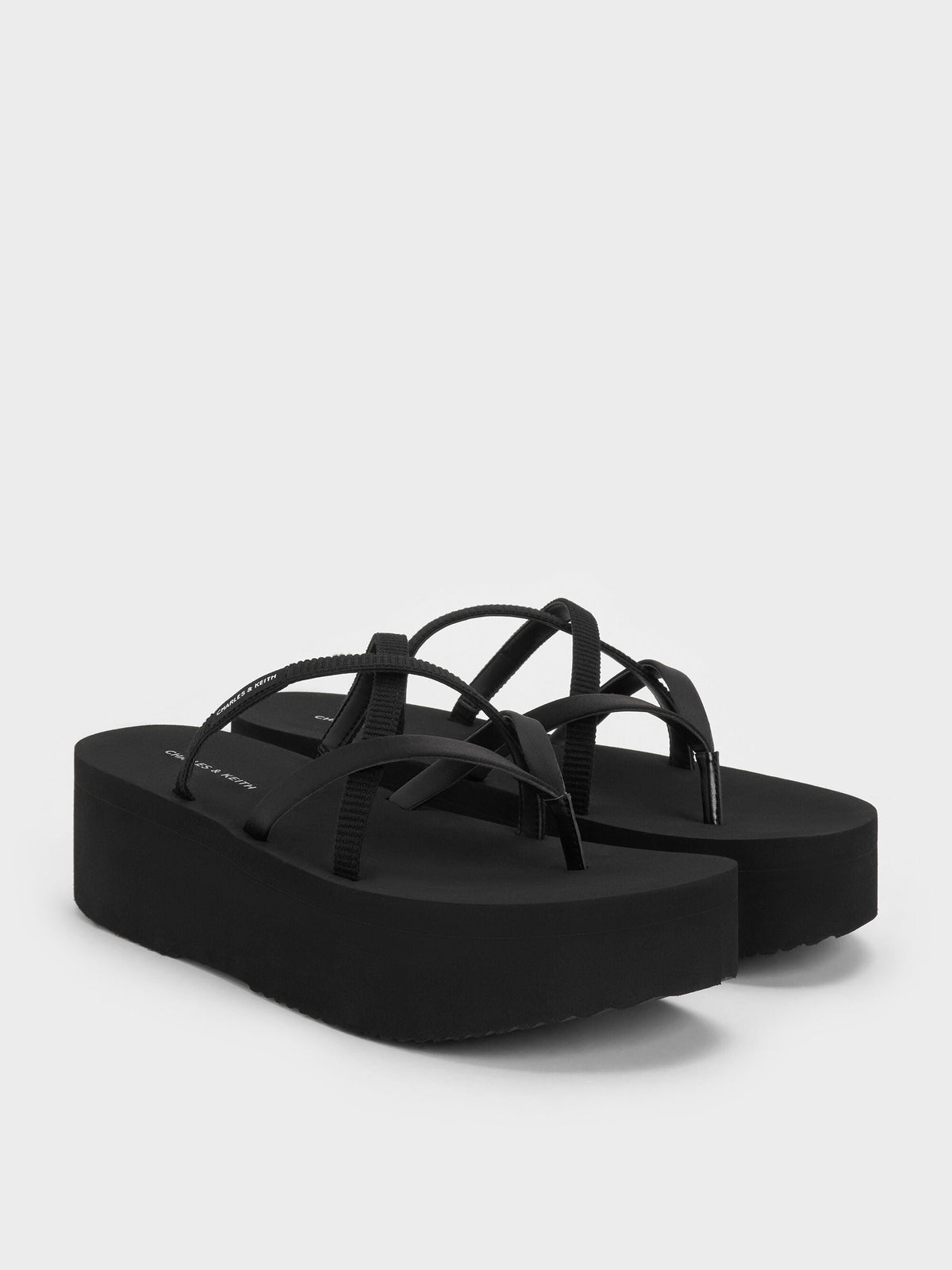 CHARLES & KEITH Exclusive | Levy Satin Strappy Flatform Sandals - Black Textured