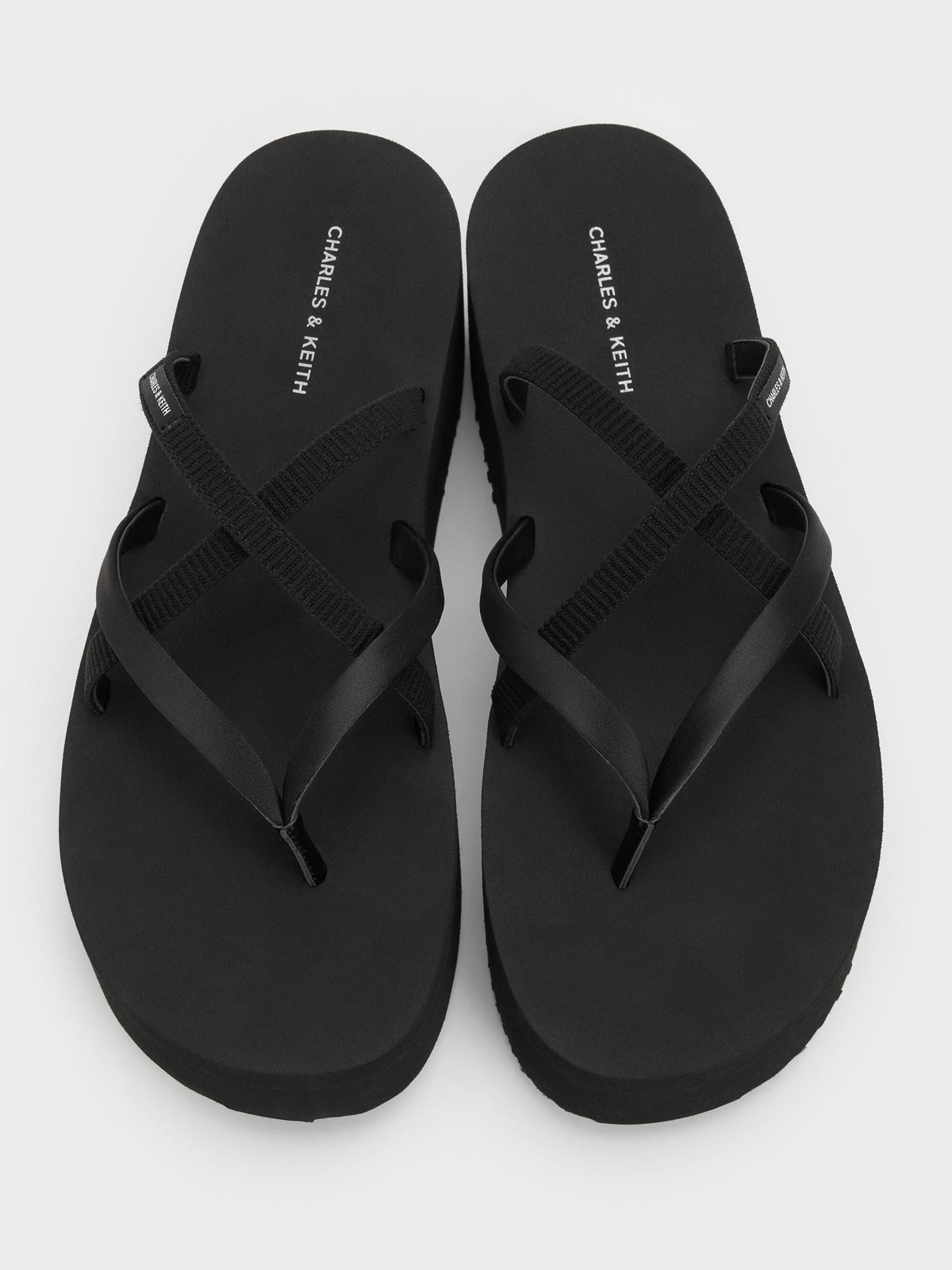 CHARLES & KEITH Exclusive | Levy Satin Strappy Flatform Sandals - Black Textured