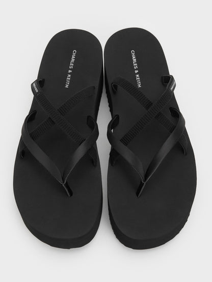 CHARLES & KEITH Exclusive | Levy Satin Strappy Flatform Sandals - Black Textured