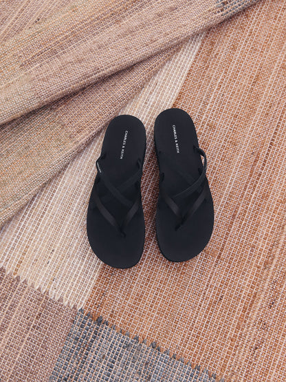 CHARLES & KEITH Exclusive | Levy Satin Strappy Flatform Sandals - Black Textured