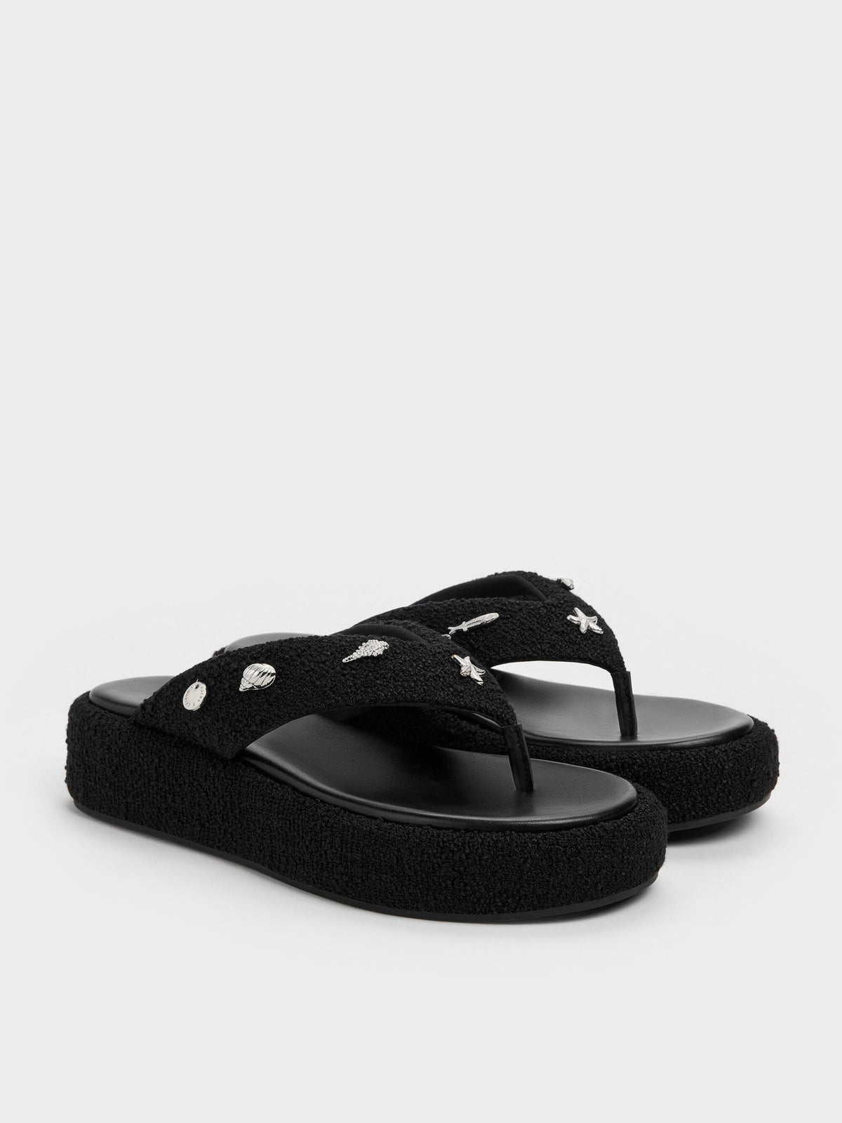 CHARLES & KEITH Best Price | Tweed Beach Flatform Thong Sandals - Black Textured