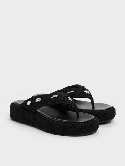 CHARLES & KEITH Best Price | Tweed Beach Flatform Thong Sandals - Black Textured