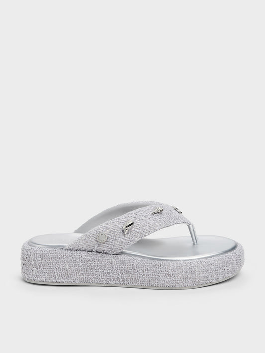 CHARLES & KEITH Recommended | Tweed Beach Flatform Thong Sandals - Silver