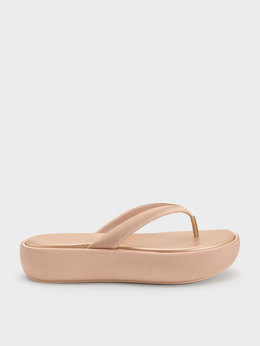 CHARLES & KEITH Classic | Satin Thong Flatform Sandals - Nude
