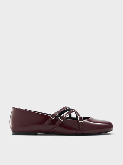 CHARLES & KEITH Customer Favorite | Patent Triple-Strap Mary Jane Flats - Burgundy