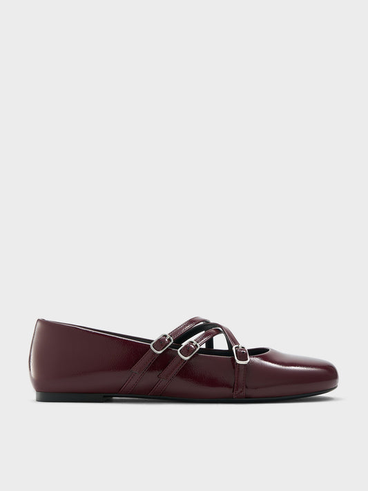 CHARLES & KEITH Customer Favorite | Patent Triple-Strap Mary Jane Flats - Burgundy