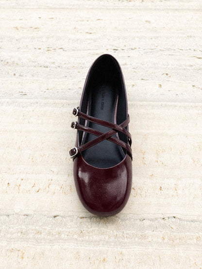 CHARLES & KEITH Customer Favorite | Patent Triple-Strap Mary Jane Flats - Burgundy