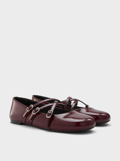 CHARLES & KEITH Customer Favorite | Patent Triple-Strap Mary Jane Flats - Burgundy