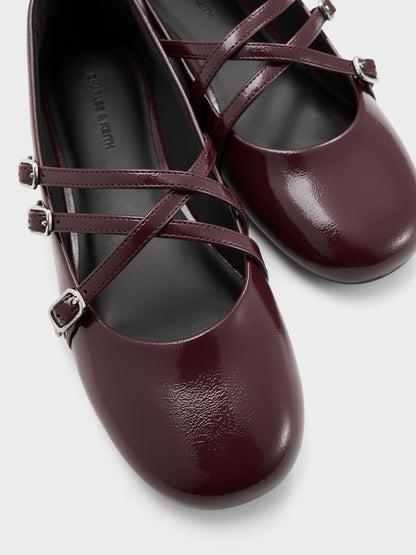 CHARLES & KEITH Customer Favorite | Patent Triple-Strap Mary Jane Flats - Burgundy
