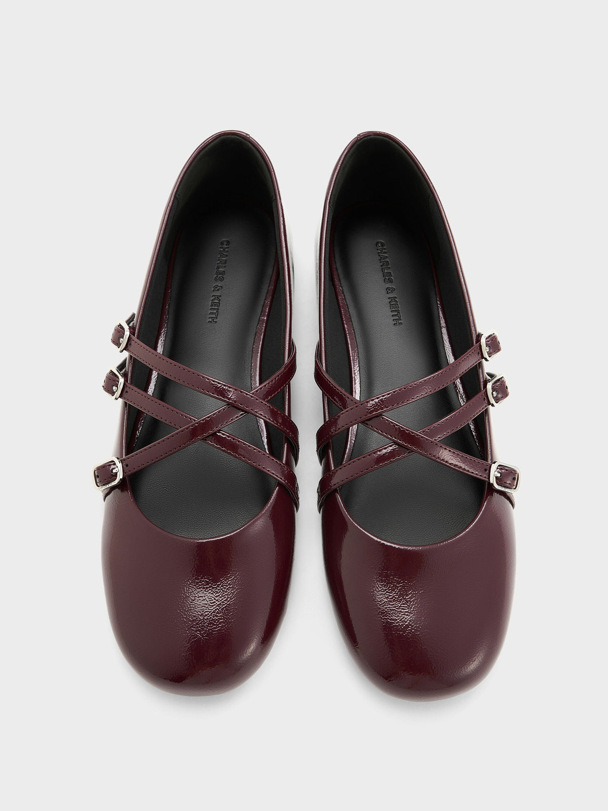 CHARLES & KEITH Customer Favorite | Patent Triple-Strap Mary Jane Flats - Burgundy