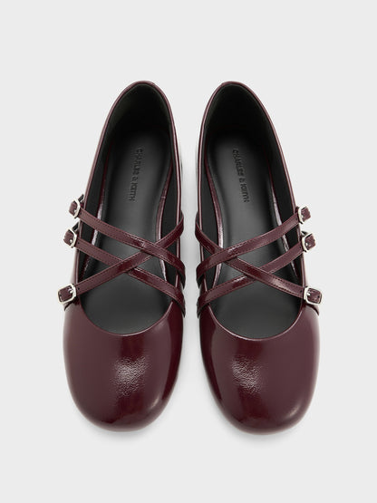 CHARLES & KEITH Customer Favorite | Patent Triple-Strap Mary Jane Flats - Burgundy