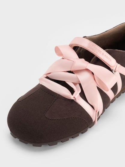CHARLES & KEITH Quality | Silko Faux Suede Ballet Sneakers - Dark Brown Textured