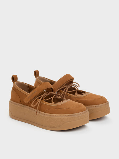 CHARLES & KEITH Essential | Faux Suede Mary Jane Platform Sneakers - Cognac