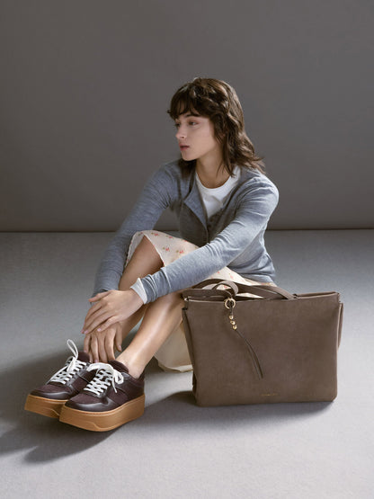 CHARLES & KEITH Quality | Faux Suede Platform Sneakers - Dark Brown Textured