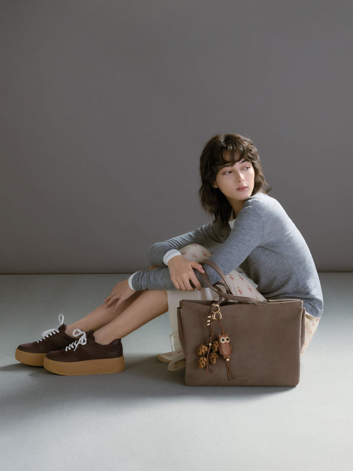 CHARLES & KEITH Quality | Faux Suede Platform Sneakers - Dark Brown Textured