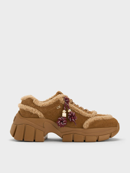 CHARLES & KEITH Best Seller | Yunna Suede & Faux Shearling Chunky Sneakers - Brown