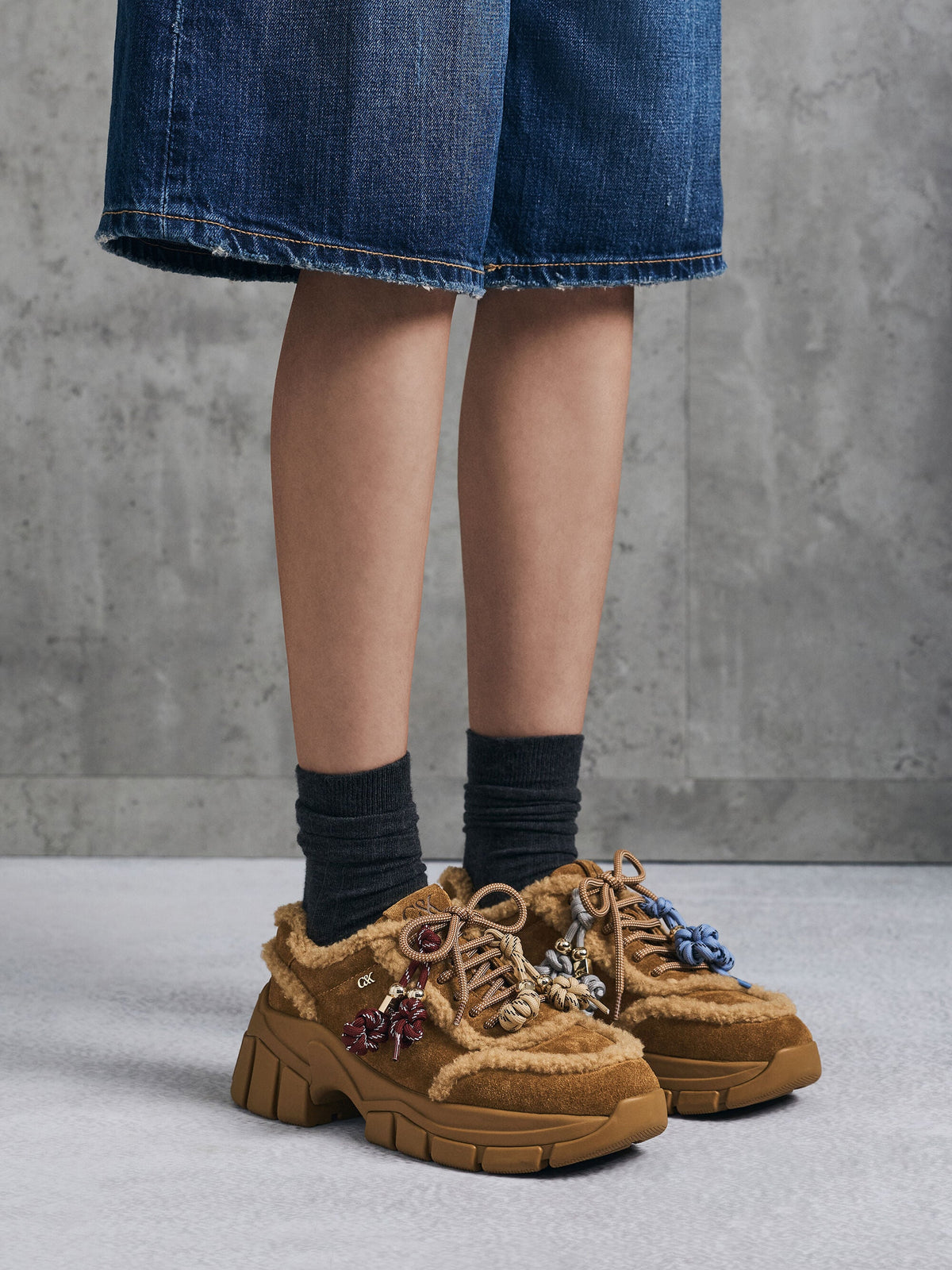 CHARLES & KEITH Best Seller | Yunna Suede & Faux Shearling Chunky Sneakers - Brown