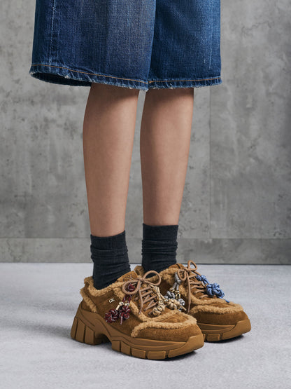 CHARLES & KEITH Best Seller | Yunna Suede & Faux Shearling Chunky Sneakers - Brown