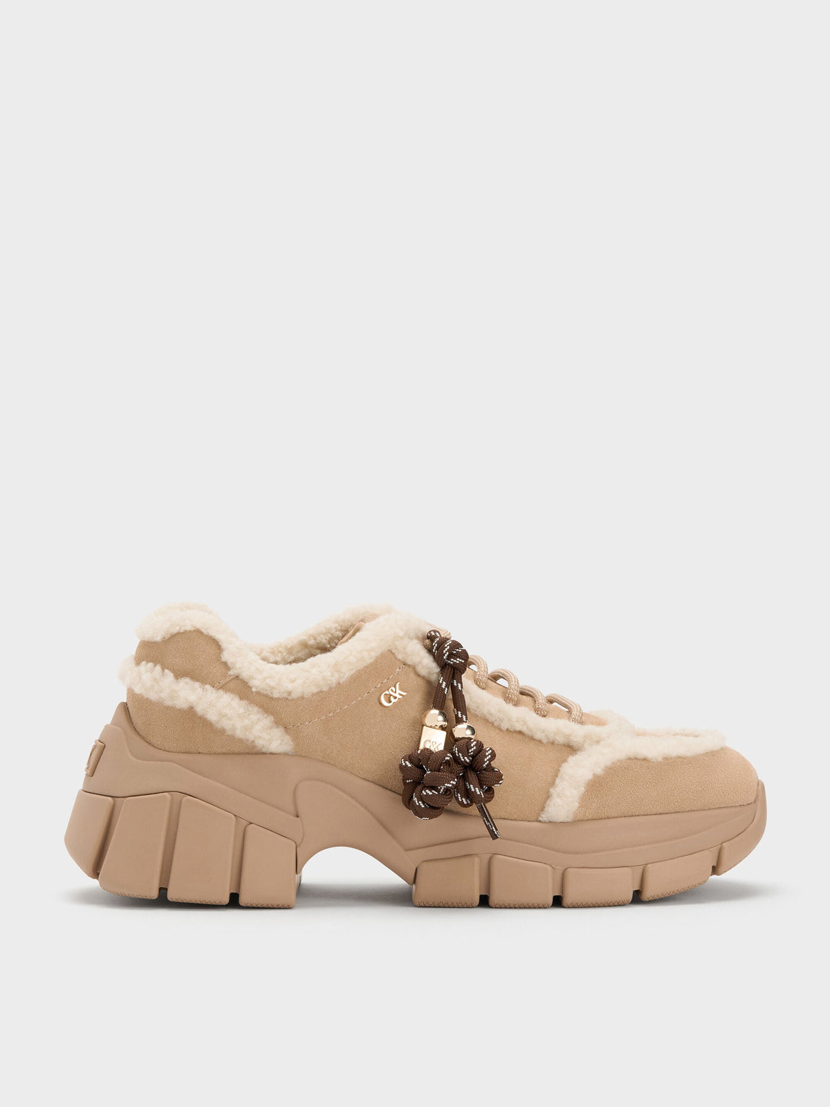 CHARLES & KEITH Essential | Yunna Suede & Faux Shearling Chunky Sneakers - Beige
