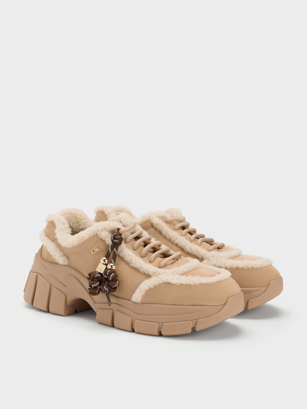 CHARLES & KEITH Essential | Yunna Suede & Faux Shearling Chunky Sneakers - Beige