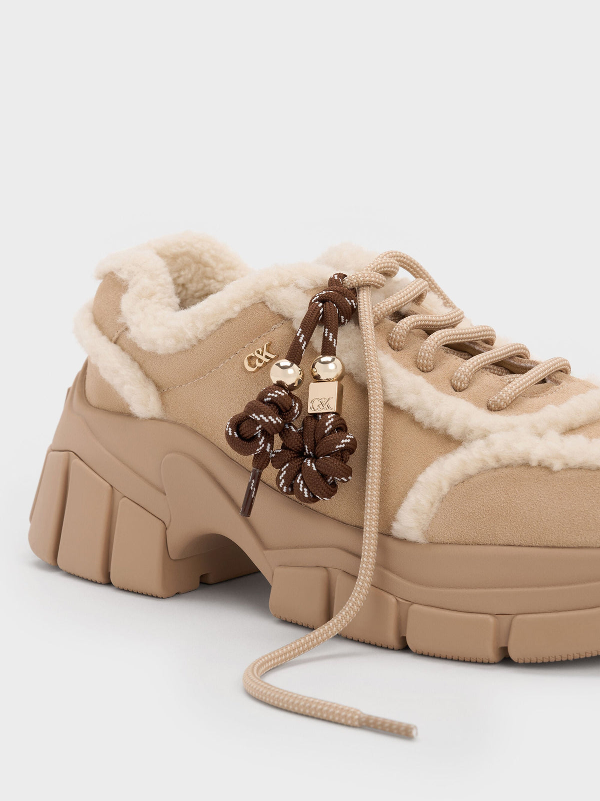 CHARLES & KEITH Essential | Yunna Suede & Faux Shearling Chunky Sneakers - Beige