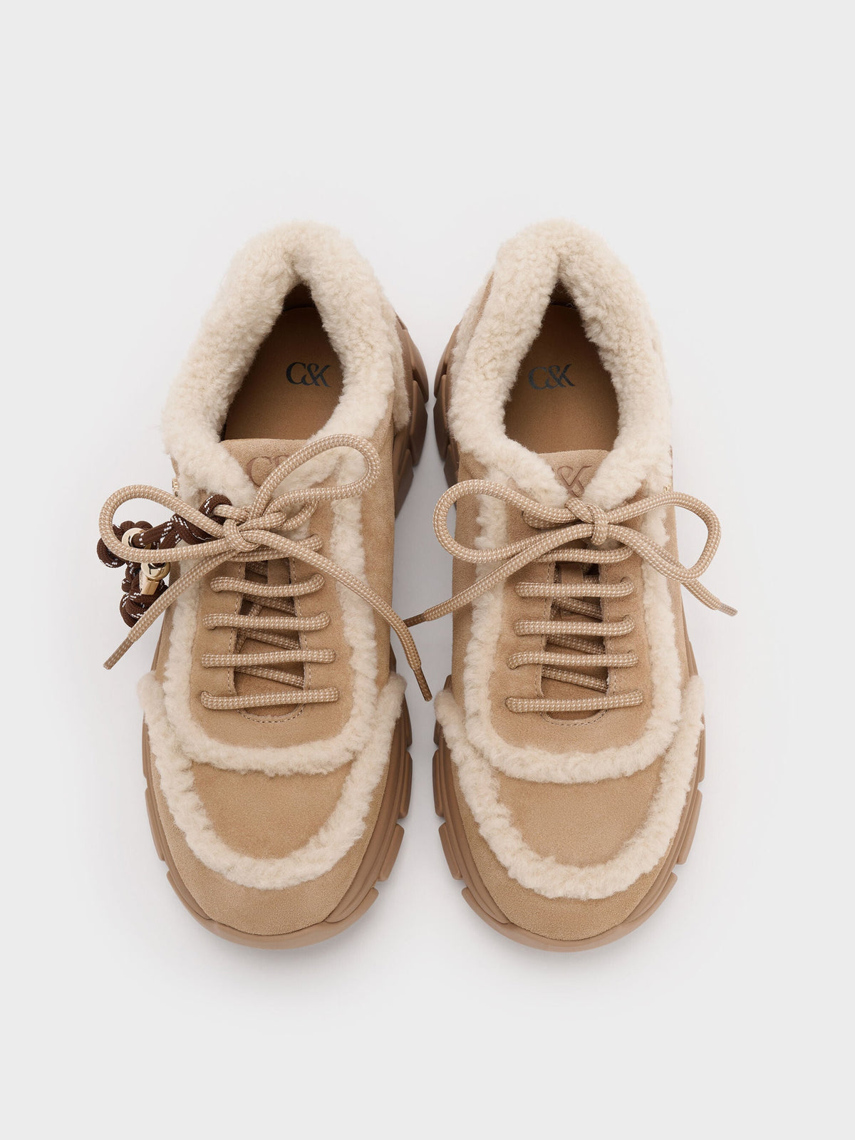 CHARLES & KEITH Essential | Yunna Suede & Faux Shearling Chunky Sneakers - Beige