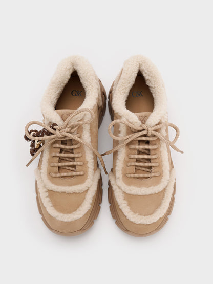 CHARLES & KEITH Essential | Yunna Suede & Faux Shearling Chunky Sneakers - Beige