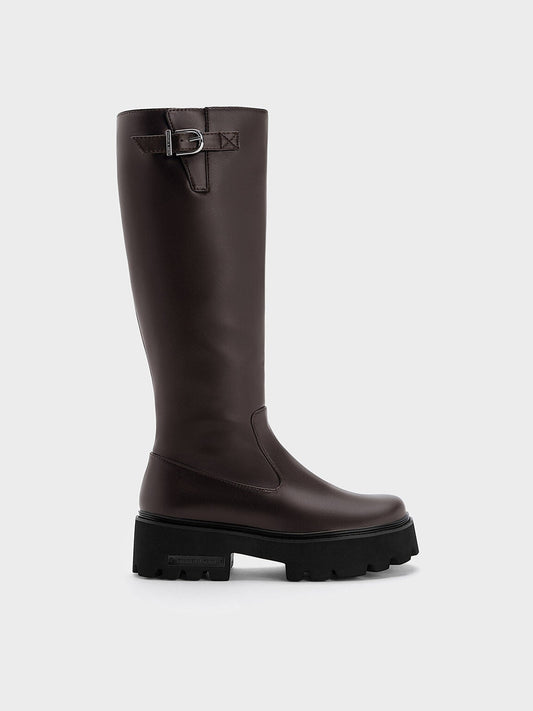 CHARLES & KEITH Essential | Imogen Side-Buckle Chunky Knee-High Boots - Dark Brown