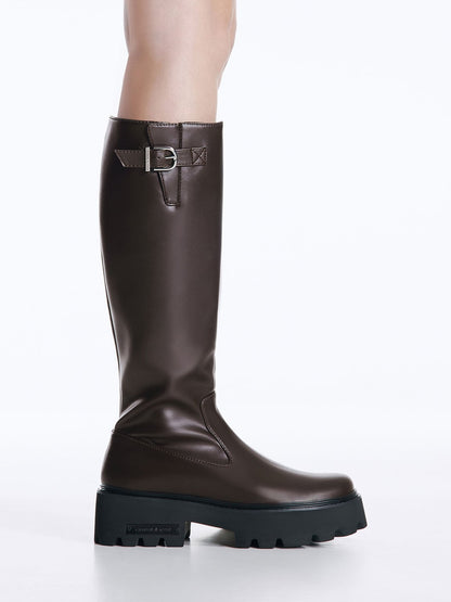CHARLES & KEITH Essential | Imogen Side-Buckle Chunky Knee-High Boots - Dark Brown