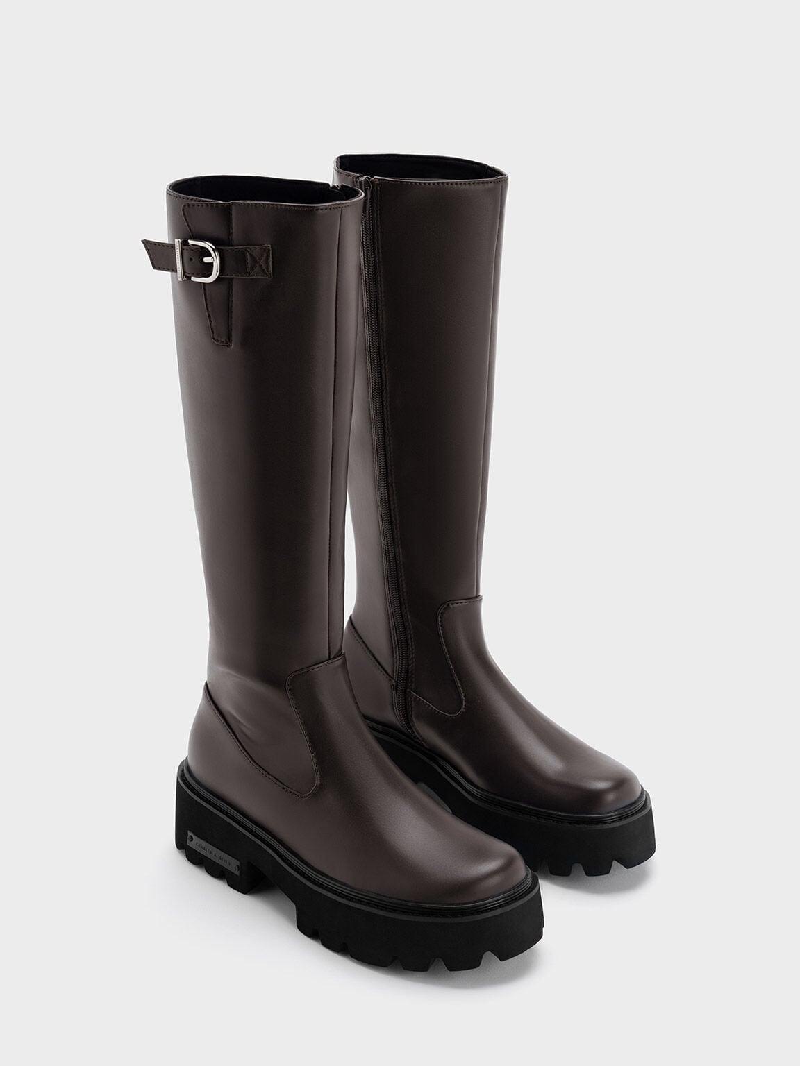 CHARLES & KEITH Essential | Imogen Side-Buckle Chunky Knee-High Boots - Dark Brown